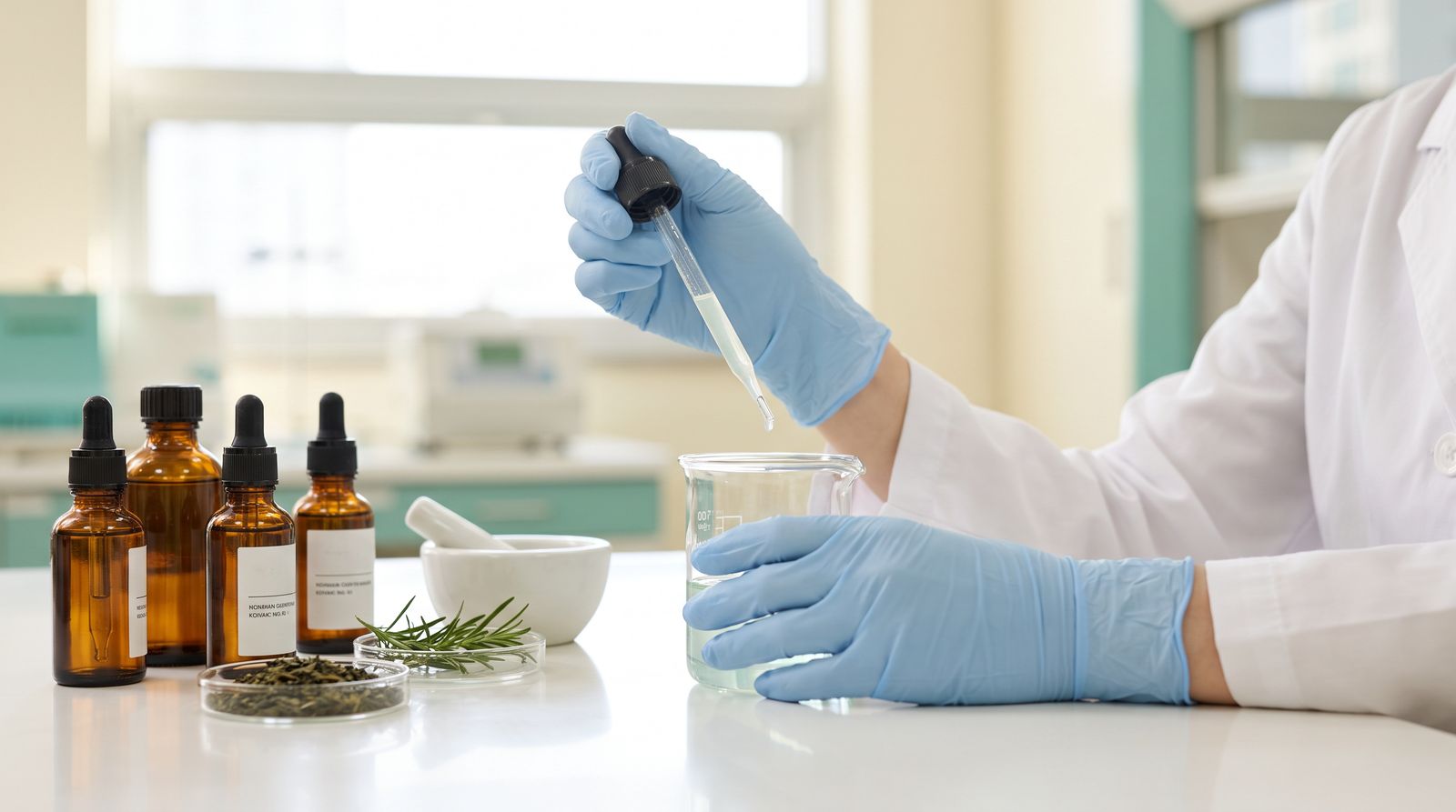 Rezepturarbeit an einer Laborbank – Pipette, braune Flaschen und botanische Proben