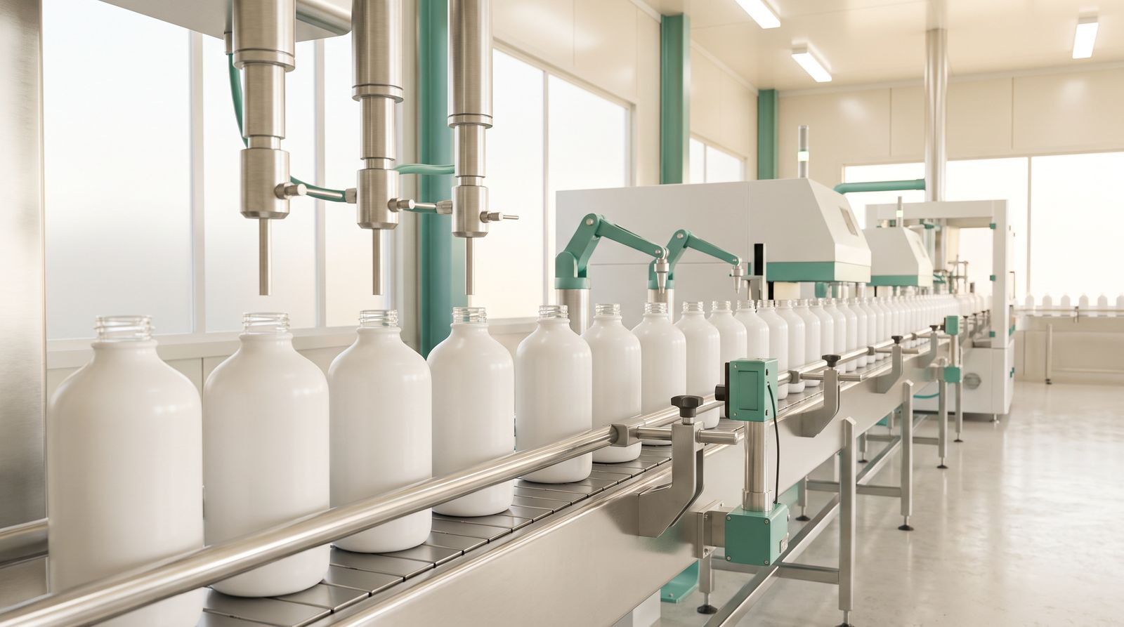 Eine Flaschenabfülllinie in einer sauberen Produktionshalle